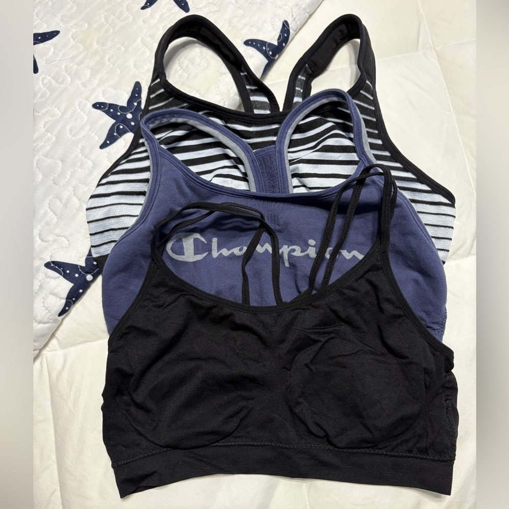 Women's Sports Bra Trio - Black, Blue, and Striped